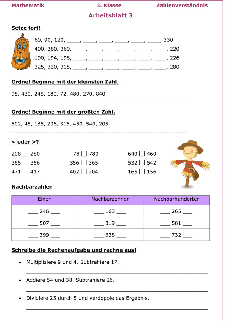 Übungsblatt Zu Zahlenraum Bis 1000