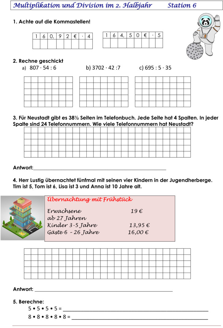 Übungsblatt zu Schriftliche Multiplikation und Division