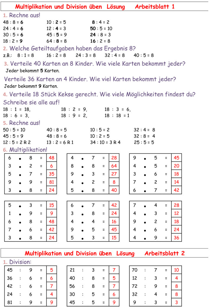 Übungsblatt zu Multiplikation und Division