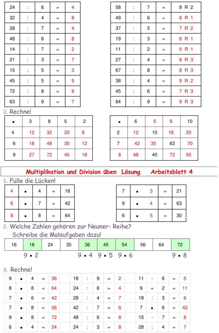 Übungsblatt zu Multiplikation und Division