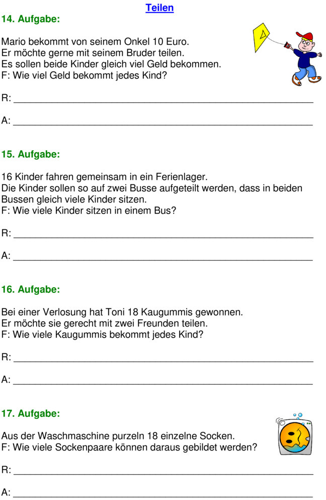 Übungsblatt zu Textaufgaben Mathe 2. Klasse