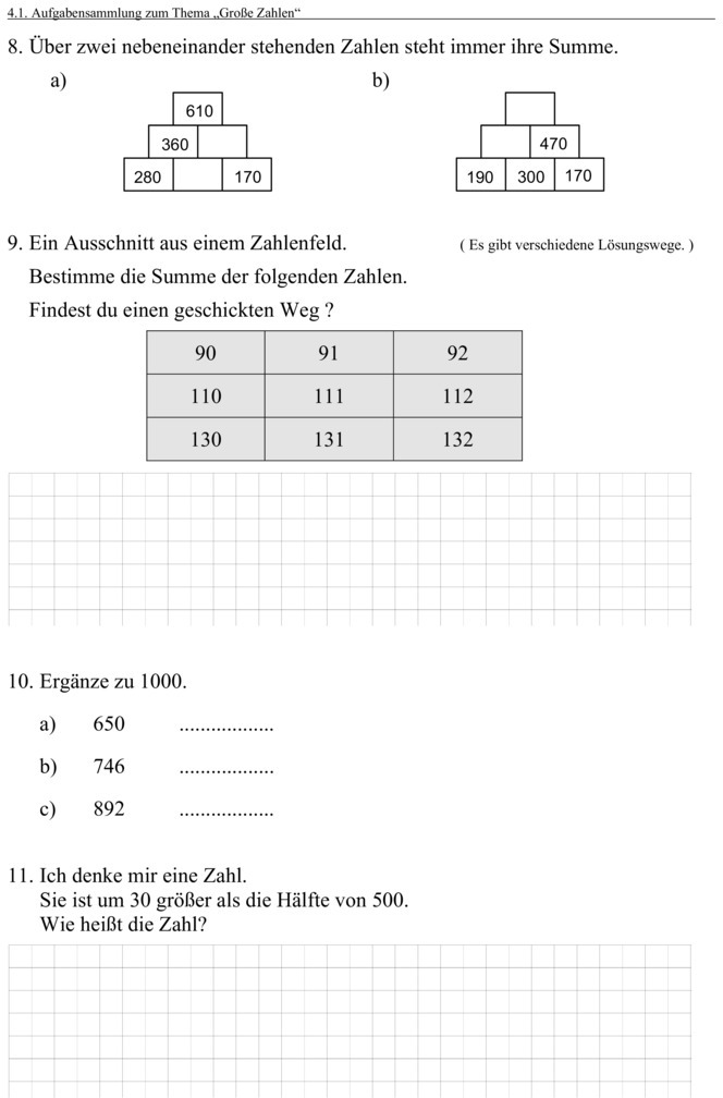 Übungsblatt zu Zahlenraum bis 1000